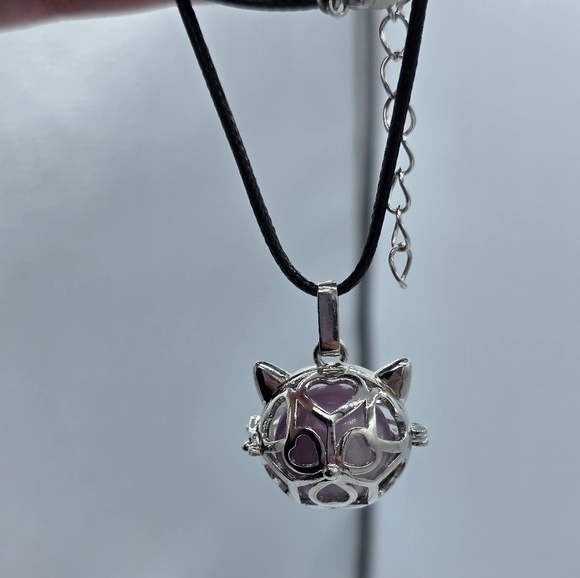 Purple Kunzite Sphere Crystal w/ Kitty Cat Locket Necklace - Picture 3 of 7